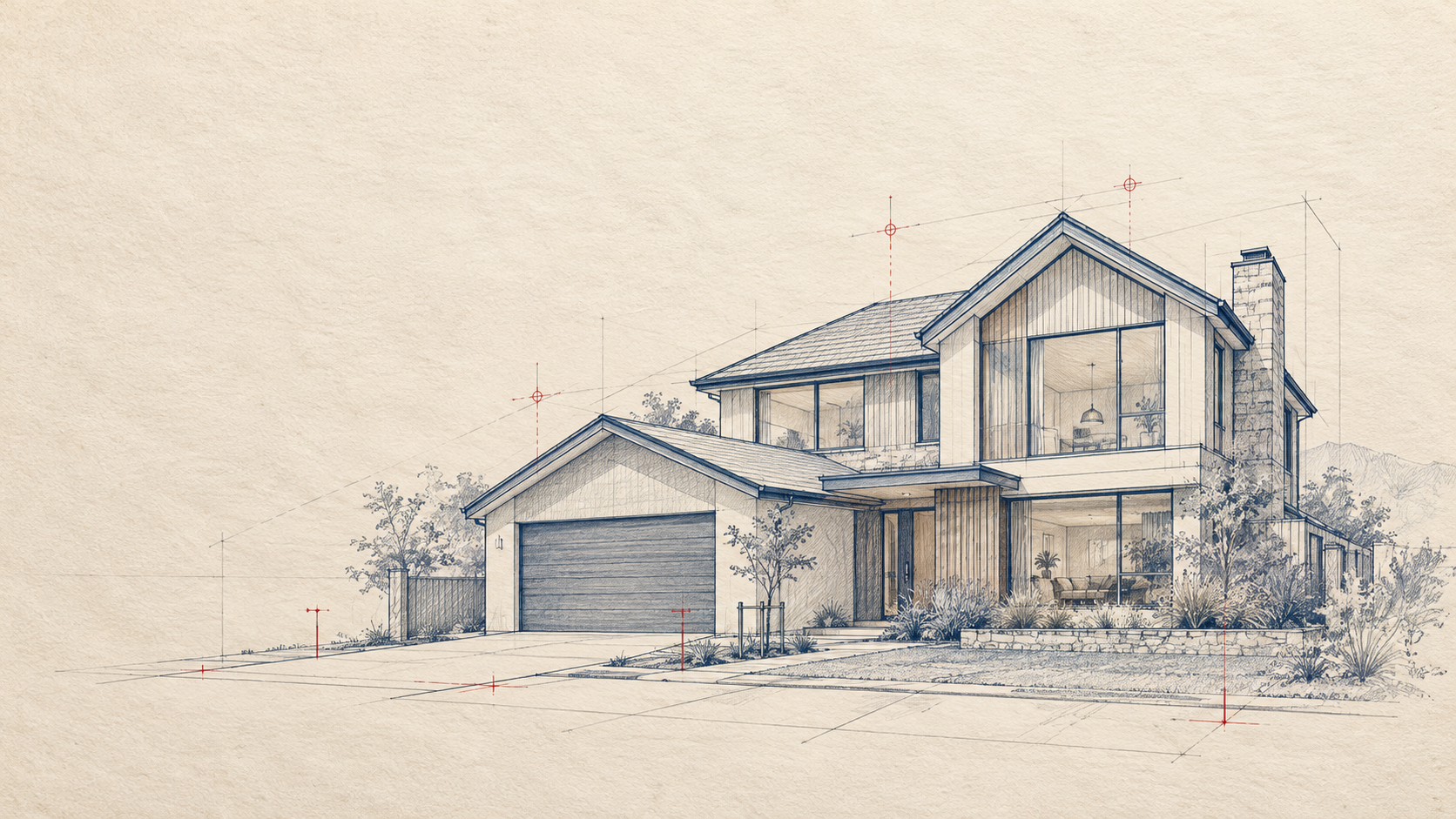 Architectural house sketch used to review the site and shape the work